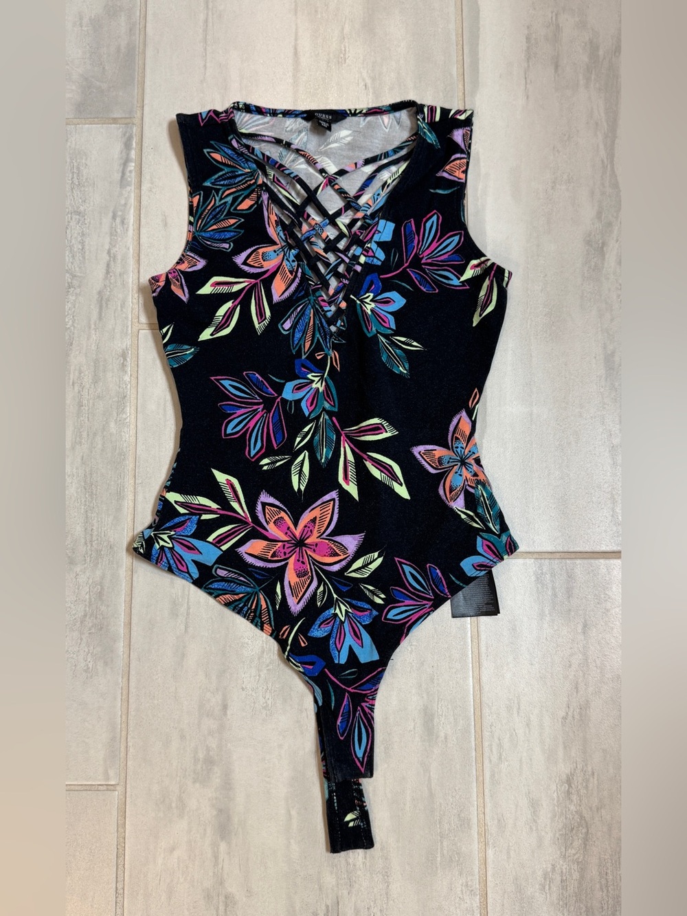 Guess Black Bodysuit with Multicolor Tropical Straps